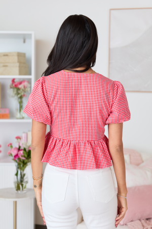 Mila Red Gingham Tie Front Flounce Woven Blouse